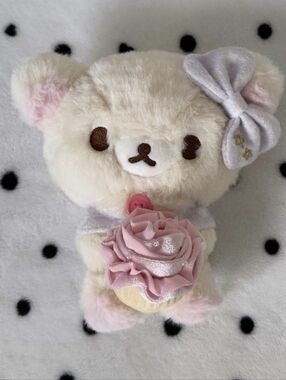 San-x Korilakkuma Rilakkuma Cream Doll Plush Bear with Pink Rose Vtg Rare
